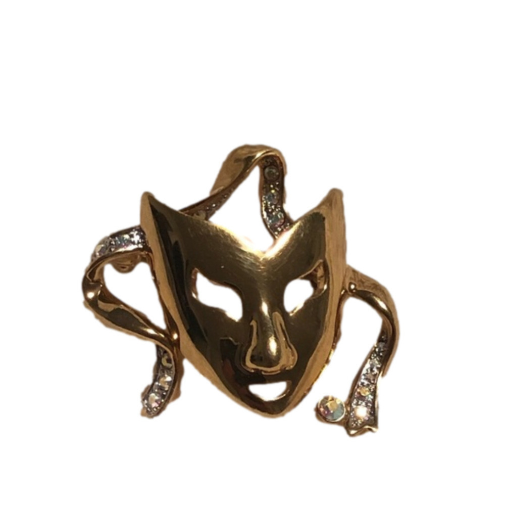 VTG Butler Gold Theatrical Mask Brooch Gold Tone Mask Pin w Rhinestones